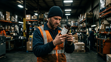Warehouse worker in a hi-vis vest reading a supplement ingredient label