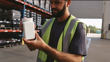 Warehouse worker in a hi-vis vest reading the label on a supplement container before a shift