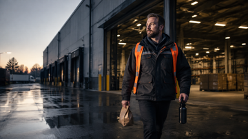 Warehouse worker arriving prepared for an early ten-hour shift