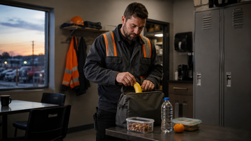 Early shift worker packing practical snacks and water