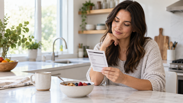 First-time wellness shopper reading a nutrition label at breakfast