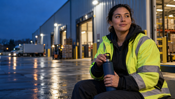 Night-shift warehouse worker during a break outside a distribution center
