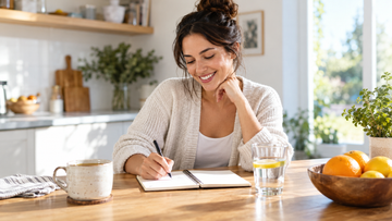 Adult building a simple morning wellness routine at a kitchen table