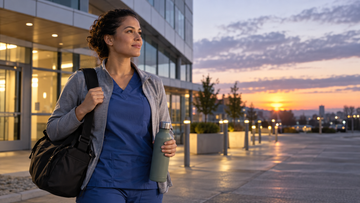 Rotating-shift worker leaving a workplace at dawn