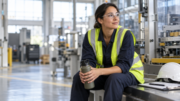 Safety-sensitive industrial worker taking a break in proper PPE
