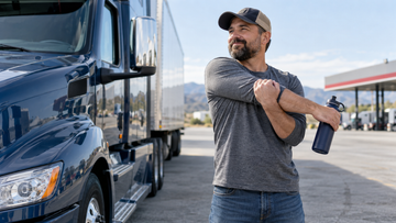Truck driver stretching beside a semi truck at a highway rest stop