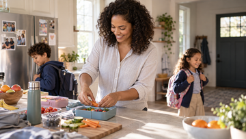 Working parent packing lunches during a busy family morning