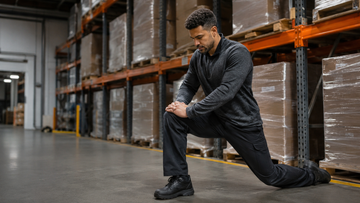 Warehouse worker practicing back and knee recovery stretches