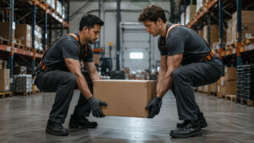 Warehouse workers performing a safe team lift