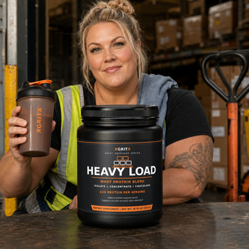 Woman warehouse worker preparing XGRITX HEAVY LOAD whey protein after a physical shift