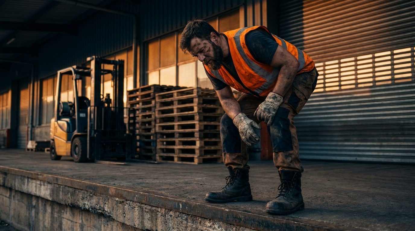 Warehouse worker resting a sore knee on a loading dock after a long shift