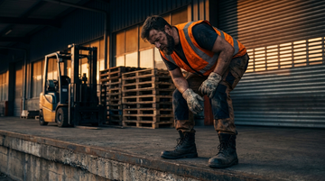 Warehouse worker resting a sore knee on a loading dock after a long shift