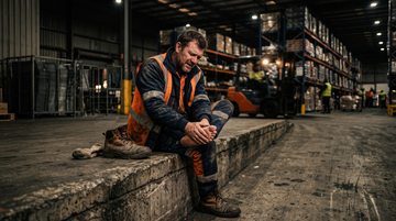 Warehouse worker resting on a loading dock rubbing a sore foot after a long shift