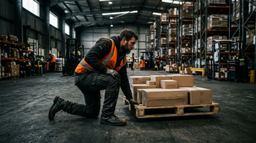 Warehouse worker kneeling on a concrete floor to lift a low pallet, one hand braced on his knee