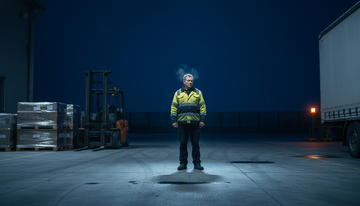 Warehouse worker in a hi-vis vest at a loading dock at 3am - supplements for night shift workers