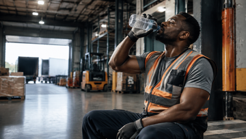 Warehouse worker taking a hydration break during a hot shift