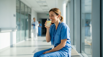 Nurse in scrubs drinking a lemon electrolyte drink on a break