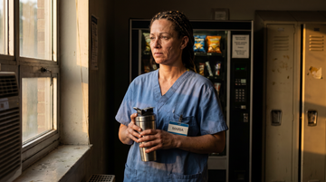 Woman in scrubs holding a shaker bottle of creatine before a shift