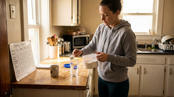 Woman mixing creatine in a kitchen with a weekly planner on the wall