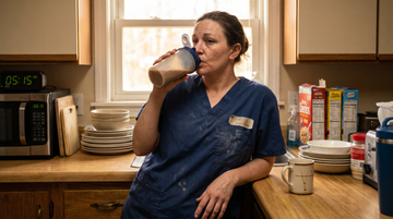 Nurse in scrubs drinking a creatine shake before an early shift