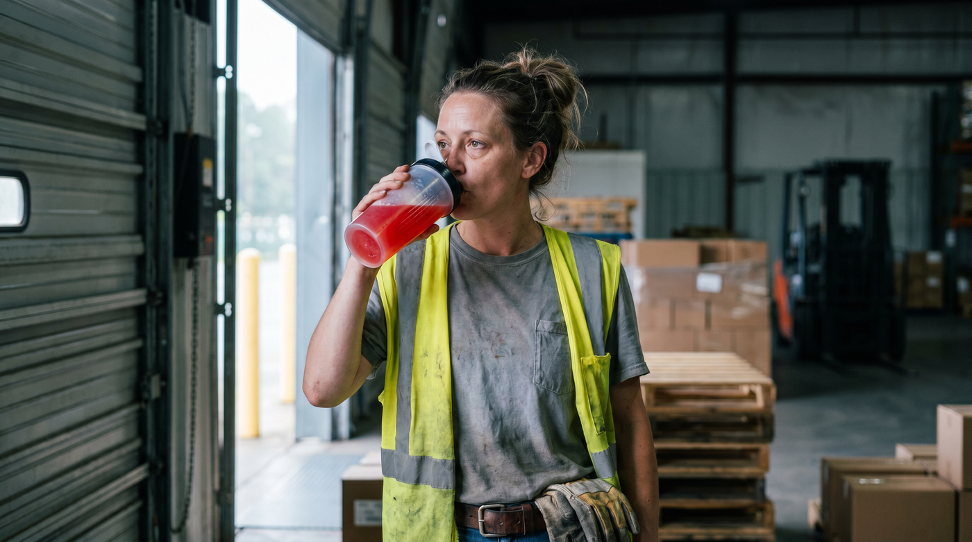 Warehouse worker in a hi-vis vest drinking a fruit punch pre-workout at the start of a shift
