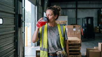 Warehouse worker in a hi-vis vest drinking a fruit punch pre-workout at the start of a shift