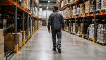 Warehouse picker walking a long aisle during an active shift