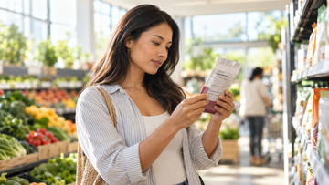 Sugar-conscious shopper reading a nutrition label in a grocery aisle