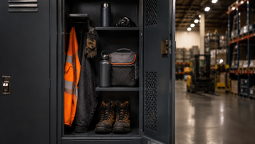 Organized warehouse work essentials in an employee locker