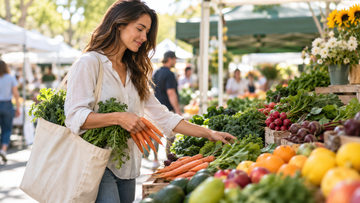 Plant-based shopper choosing fresh produce at a farmers market
