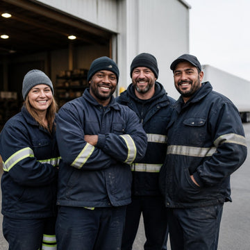 Four workers in navy hi-vis jackets and beanies stand smiling together outside a warehouse loading dock on a cold, overcast morning.