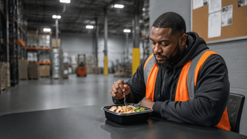 Warehouse worker eating a protein-rich meal after a long shift