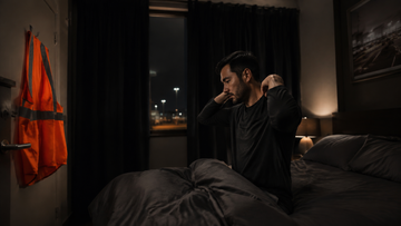 Night shift worker preparing a dark bedroom for daytime sleep