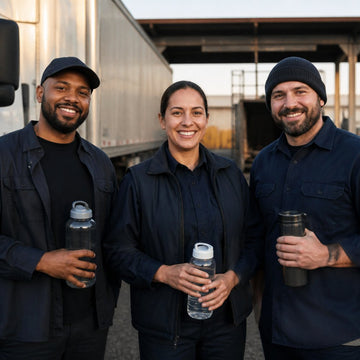 Three shift workers in dark workwear smile outside a loading dock holding reusable water bottles, ready for a long 12-hour shift.