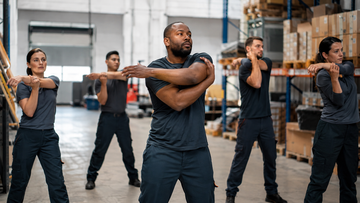 Warehouse team completing a short pre-shift mobility routine