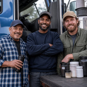 Three truck drivers smile beside a parked semi, one holding a travel mug, with plain supplement tubs and bottles lined up on the truck's step.