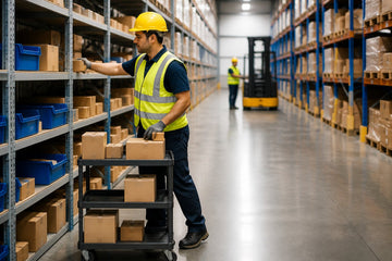 Warehouse worker selecting products from storage shelves and placing them into a rolling cart