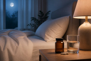 Unbranded supplement bottle, capsules and a glass of water on a bedside table in a peaceful bedroom at night