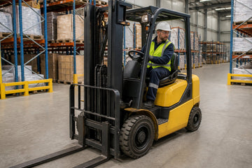 Certified forklift operator driving a forklift through an organized warehouse.