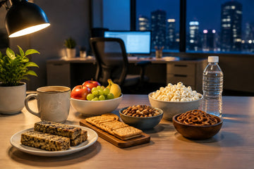 A selection of snacks, coffee, and water arranged on a table in a softly lit office at night.