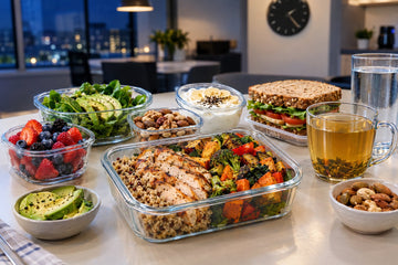 A healthy assortment of meals, fruit, yogurt, nuts, vegetables, and drinks arranged on a table in a workplace break room at night.