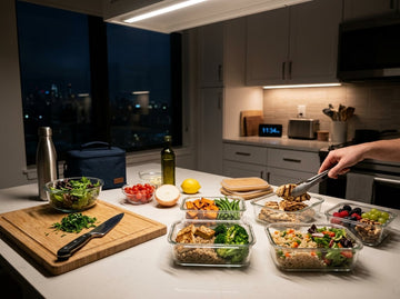 Meal-prep containers with healthy food arranged on a kitchen counter at night.