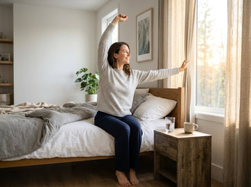 A person stretches beside a neatly made bed as morning sunlight enters through open curtains.