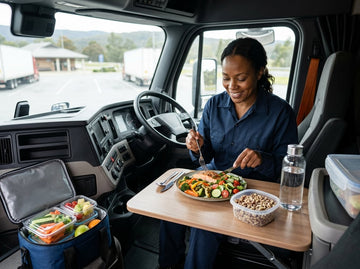 A truck driver eats a healthy meal at a table inside a truck cab.