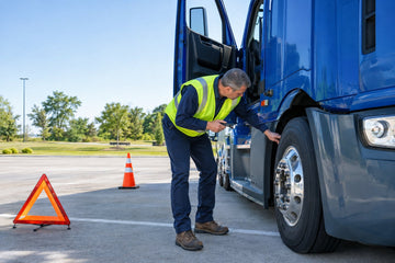 A truck driver in a high-visibility vest checks the tires of a parked semi-truck at a rest area.