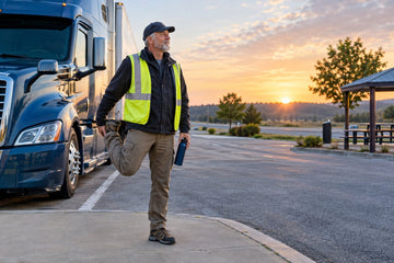 A mature truck driver stands beside a semi-truck at a highway rest area during sunrise.