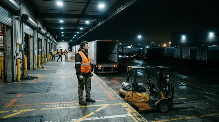 Warehouse worker in safety orange vest at a distribution center loading dock at night