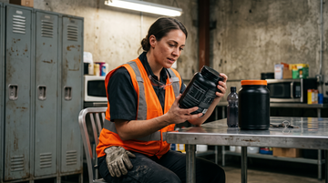 Warehouse worker in hi-vis vest comparing two supplement tubs at a breakroom table