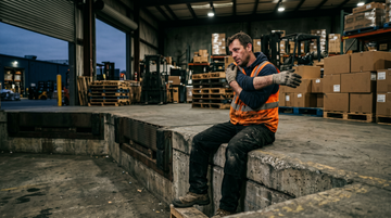 Warehouse worker in a hi-vis vest sitting on a loading dock stretching his shoulder at the end of a shift