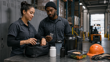 Warehouse workers organizing a blue collar supplement stack before a demanding shift